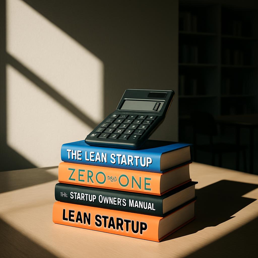 Four books on Lean Startup, one a manual, between a calculator.