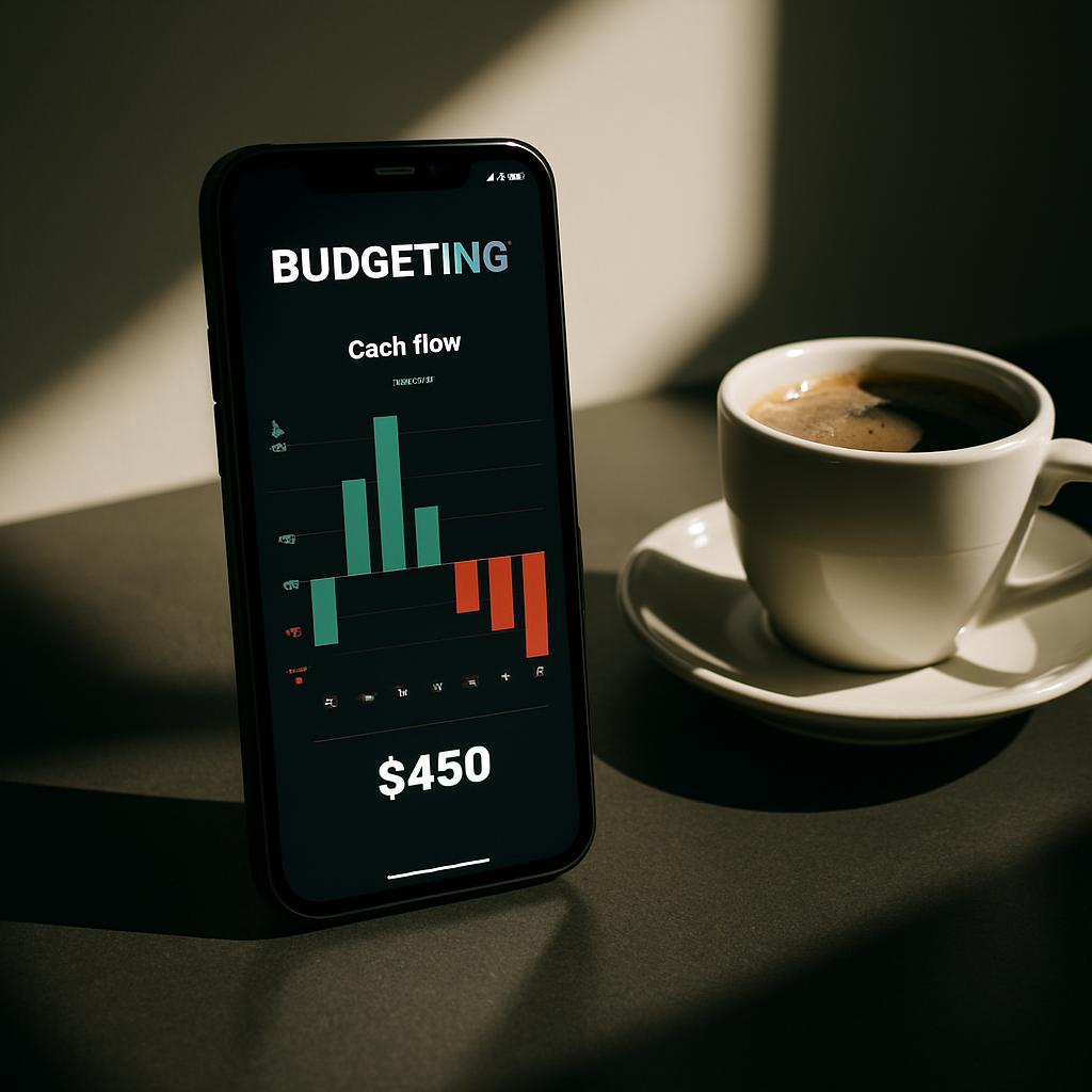 A smartphone displaying a budgeting app on its screen, positioned next to a coffee cup.